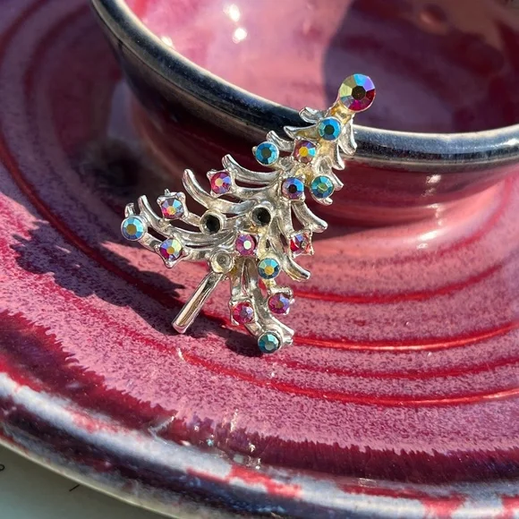 Vintage 90s Gemstone Silver Tree Pin / Brooch - Picture 1 of 3